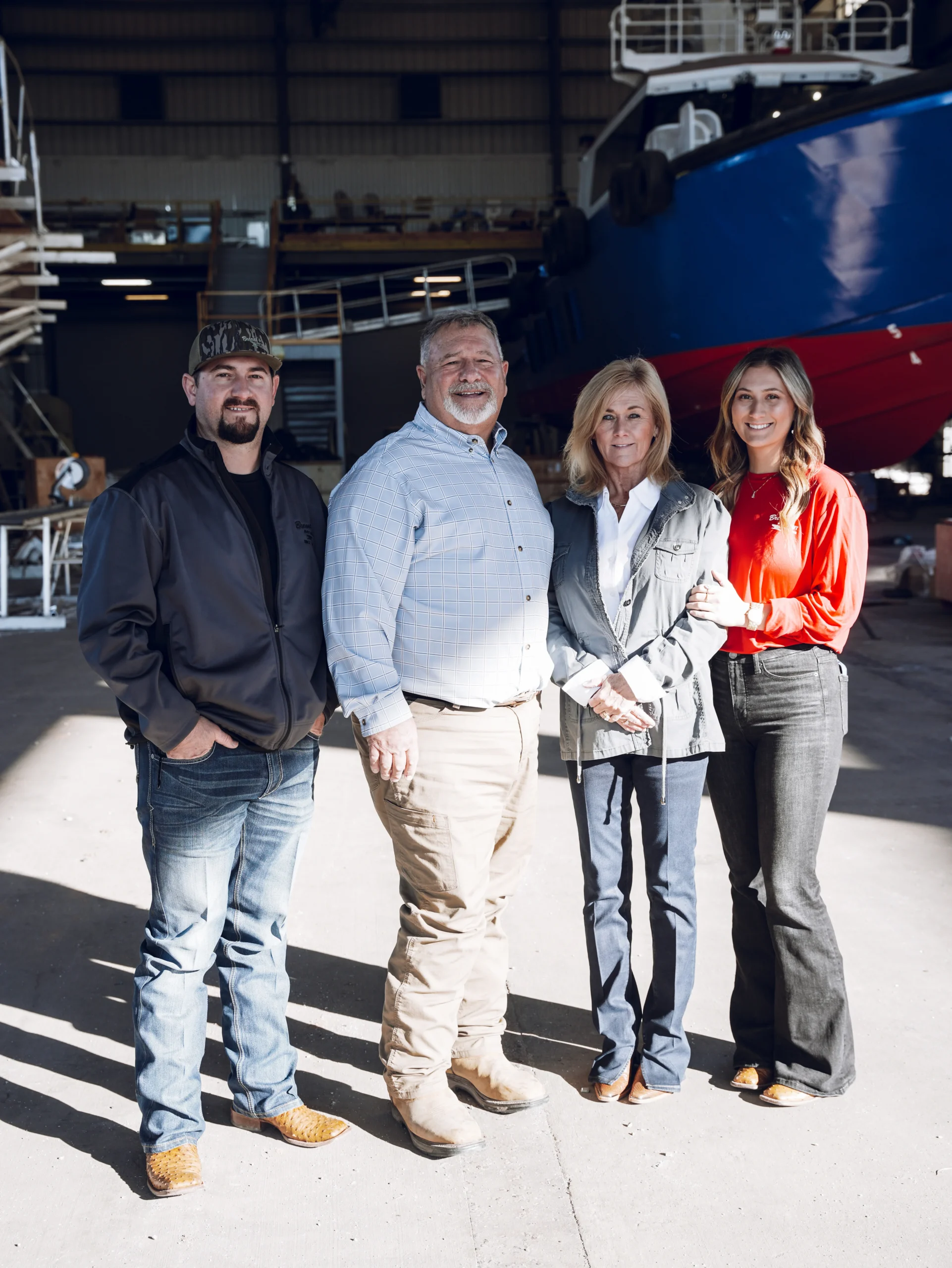 Three generations of the Breaux family together at the Loreauville shipyard