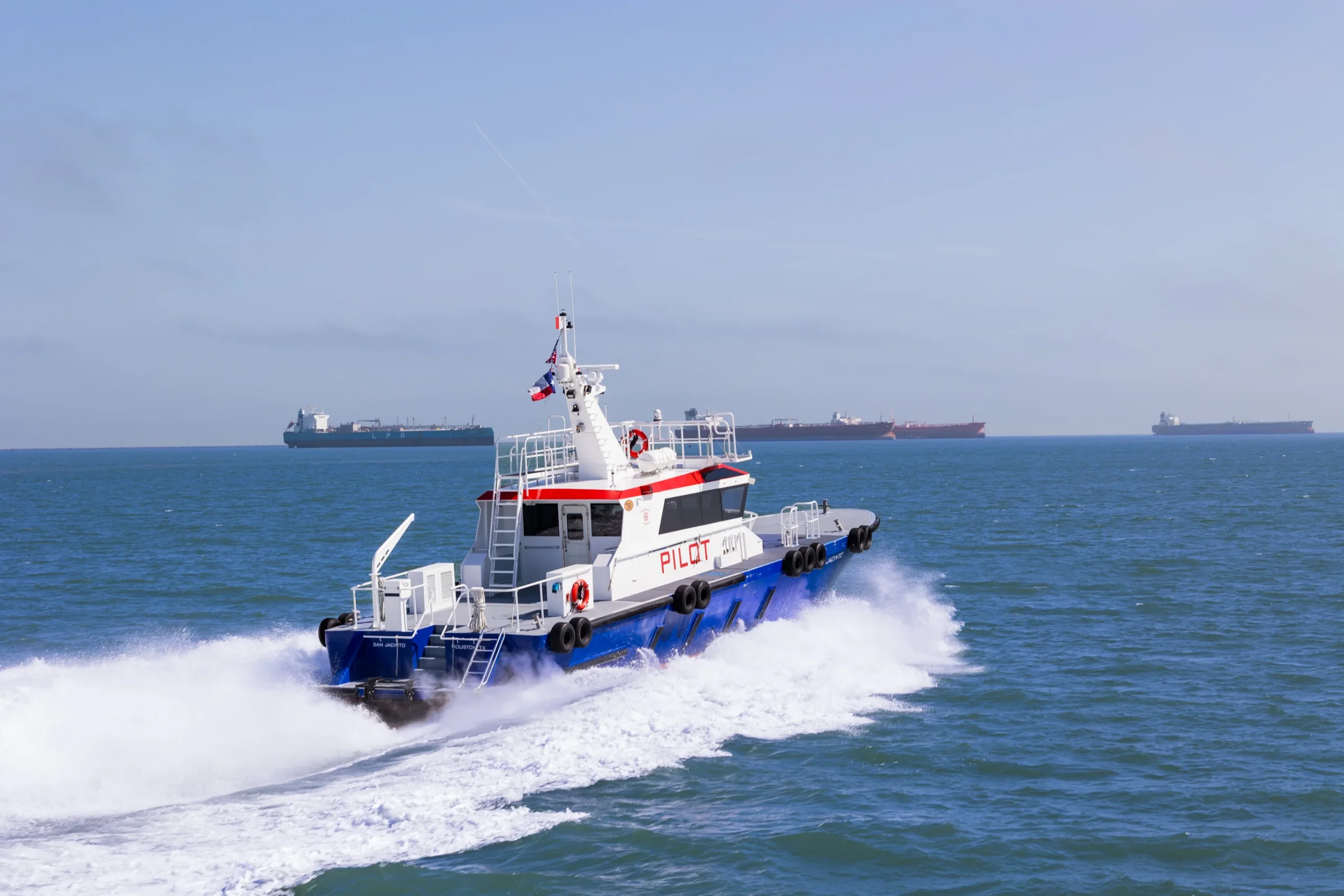 San Jacinto pilot boat running at speed on open water