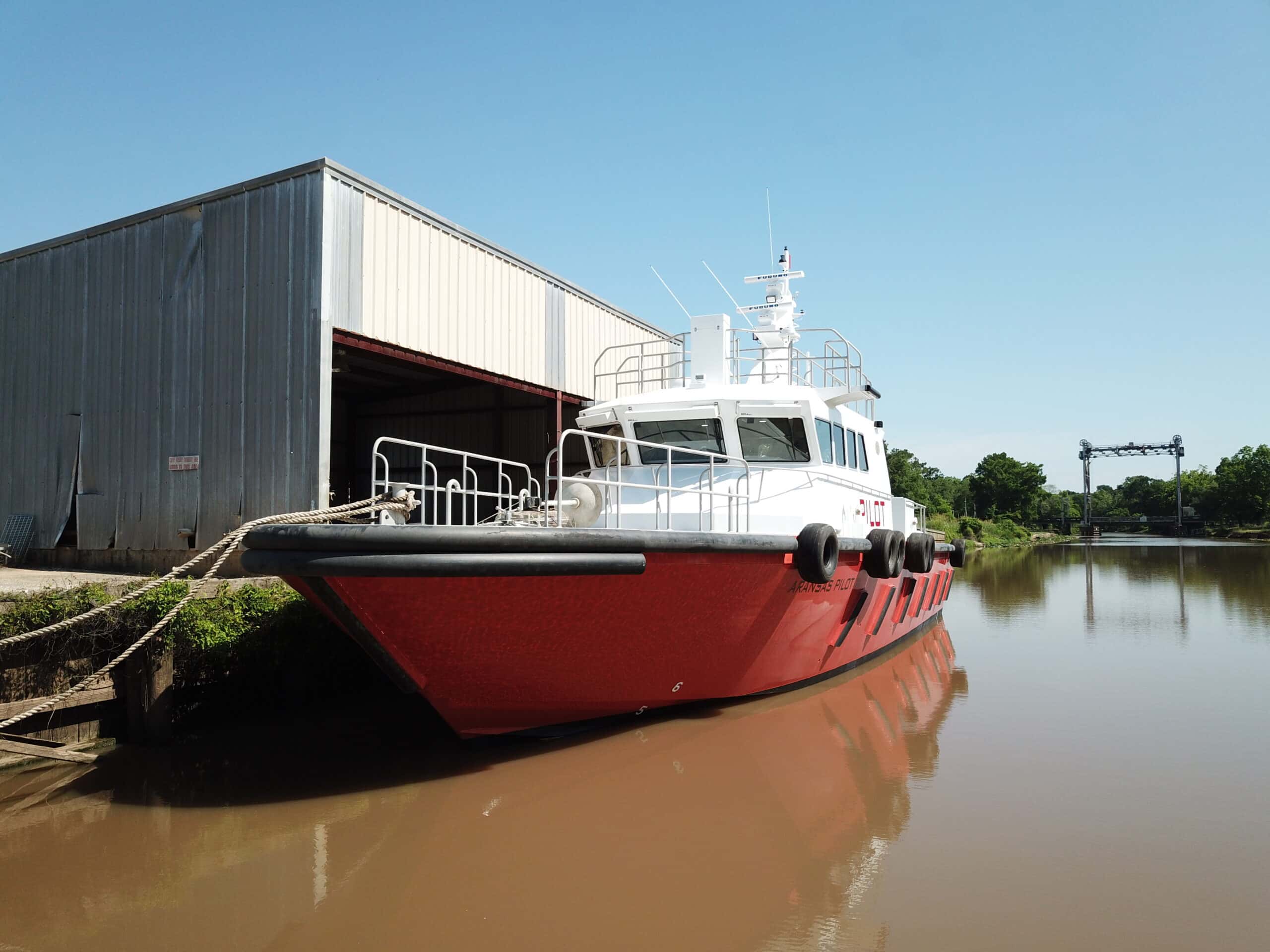 A Breaux's Bay Craft pilot boat moored at the shipyard dock